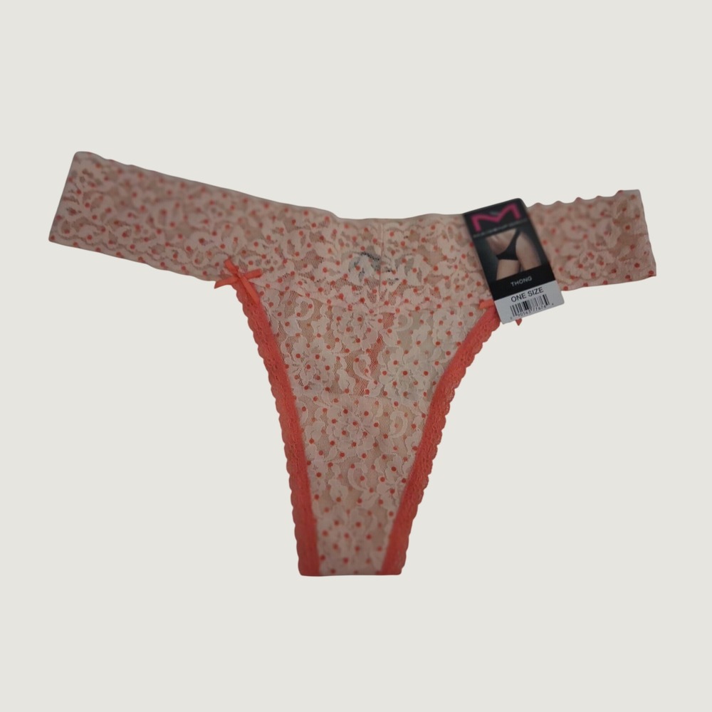 Maidenform Women Peach Coral Polka Dot Lace Thong One Size New With Tags